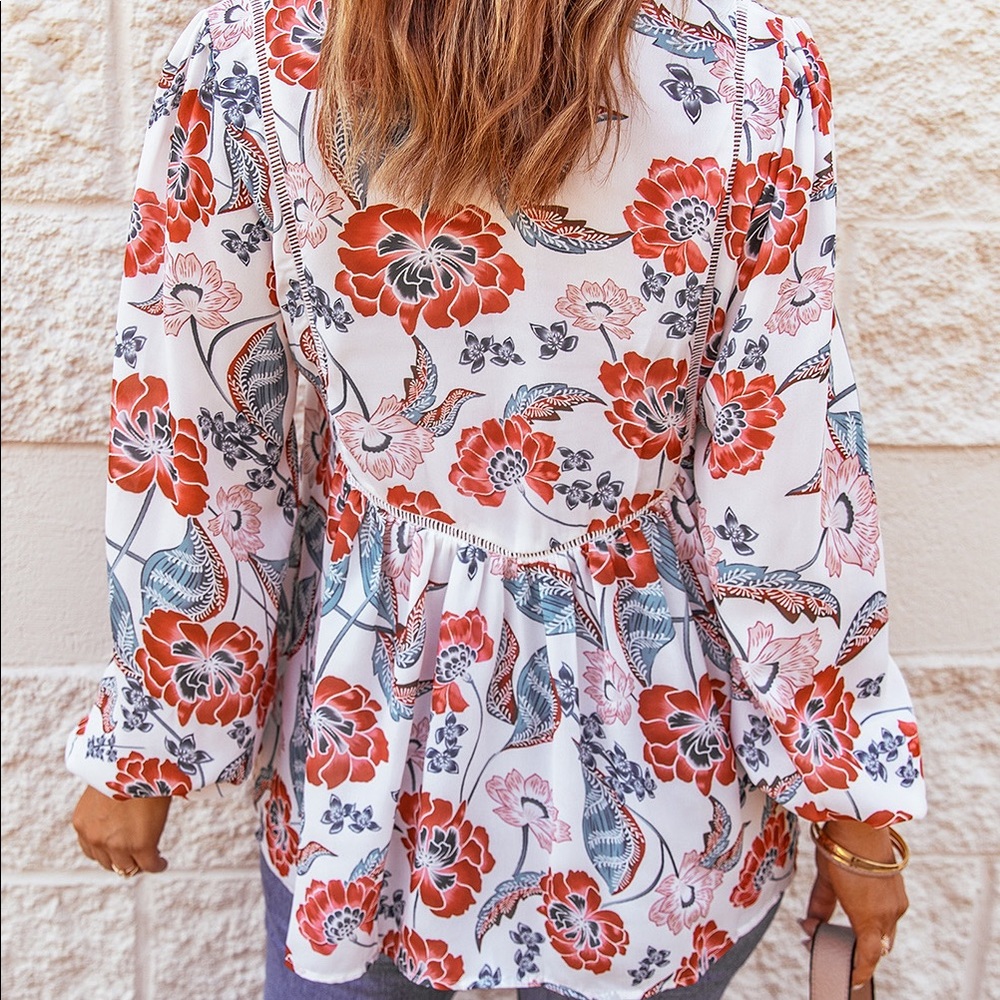 Floral Notched Balloon Sleeve Babydoll Top - Picture 3 of 3